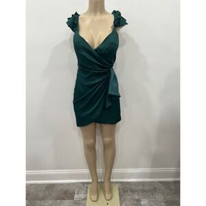 One and Only Collective Green Satin Ruffle Sleeve Wrap Mini Dress Size Small